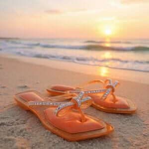 London Rag Orange Jelly‎ Sandal Flip Flop Silver Gems Bowtie Women's Size 11